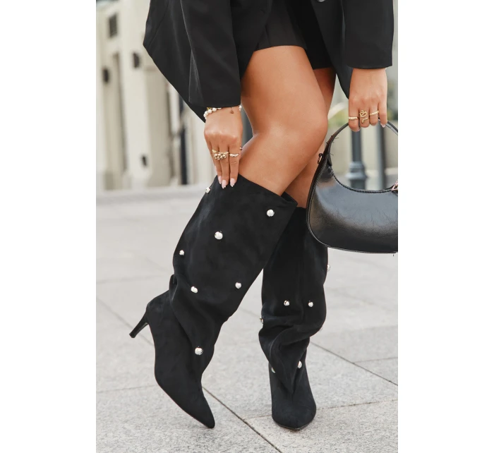 Dámské nazouvací kozačky na jehlovém podpatku Thaliane se stříbrnými ozdobami – černé