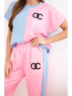 Dámský máslový komplet s oversize mikinou a širokými kalhotami světle růžová + modrá