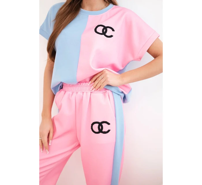 Dámský máslový komplet s oversize mikinou a širokými kalhotami světle růžová + modrá