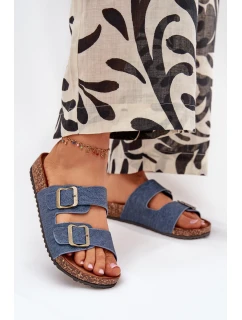 Dámské pantofle na korkové platformě s přezkami – tmavý denim