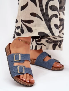 Dámské pantofle na korkové platformě s přezkami – tmavý denim