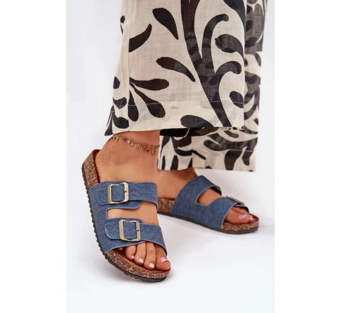 Dámské pantofle na korkové platformě s přezkami – tmavý denim