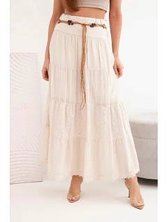 Dámská maxi bavlněná sukně s ažurovým model 22048741 a elastickým pasem béžová - K-Fashion