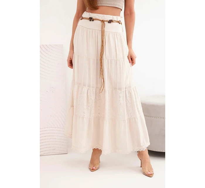 Dámská maxi bavlněná sukně s ažurovým model 22048741 a elastickým pasem béžová - K-Fashion