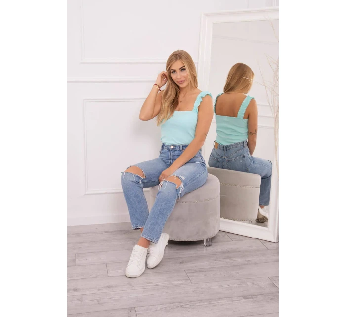 Halenka bez ramínek s volánky v mátové barvě Halenka bez ramínek s volánky v mátové barvě