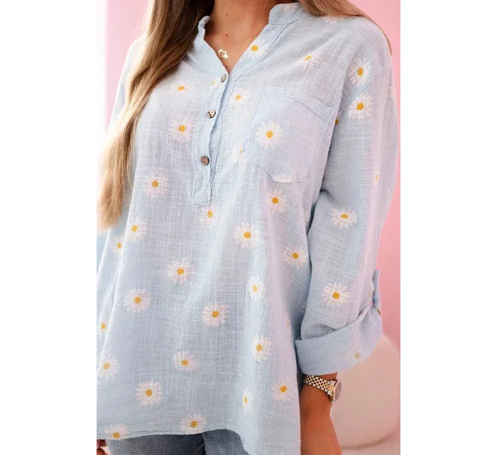 model 21911558 dámská halenka s květinovým vzorem, dlouhými rukávy a knoflíky Modrá - K-Fashion