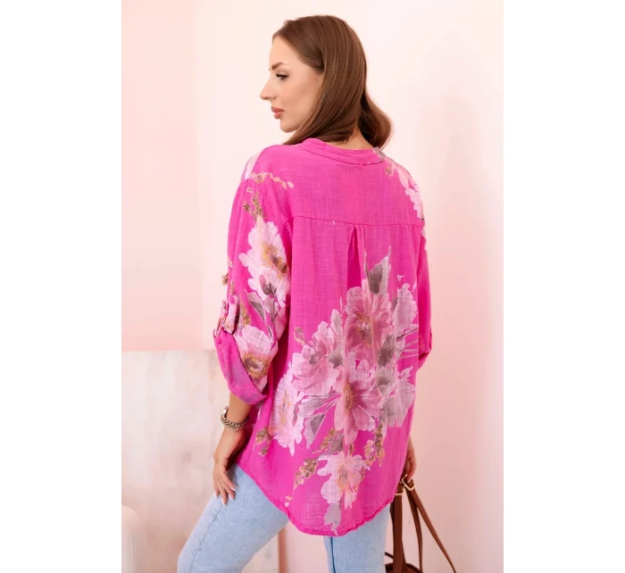 blůza z bavlny s květinovým vzorem a knoflíky růžová
