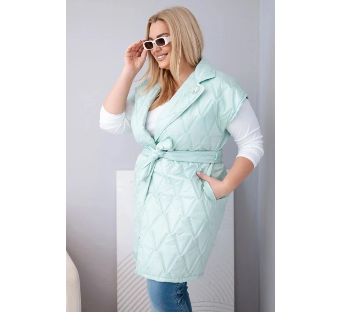Dámská vesta Plus Size prošívaná s páskem a límcem mátová