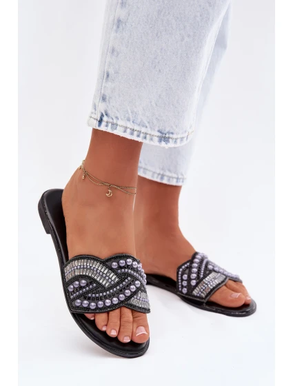 Ozdobené pantofle na nízkém podpatku Černé Dovima