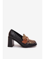 Dámské polobotky na sloupku s ražbou a zlatým detailem Novella – černo/béžové