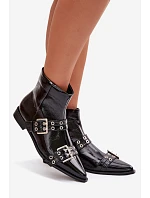 Lakované dámské kotníkové boty na plochém podpatku s pásky a přezkami Černé model 22039906 - Boto