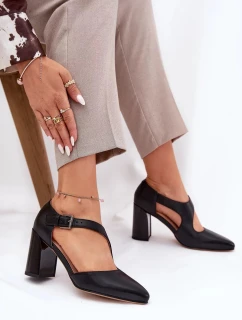 Dámské kožené lodičky na podpatku s ozdobnou sponou Vinceza – černé