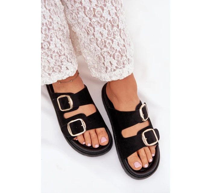 Dámské pantofle na platformě se zlatými přezkami – černé