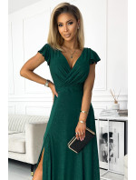 CRYSTAL - Dlouhé lesklé dámské šaty v lahvově zelené barvě s výstřihem 411-1