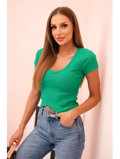 Dámská pruhovaná blůza s výstřihem do V a krátkým rukávem zelená