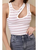 Dámský žebrovaný proužkovaný top bez rukávů s výstřihem tmavě růžová