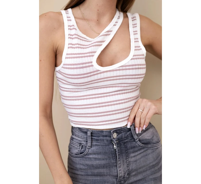 Dámský žebrovaný proužkovaný top bez rukávů s výstřihem tmavě růžová