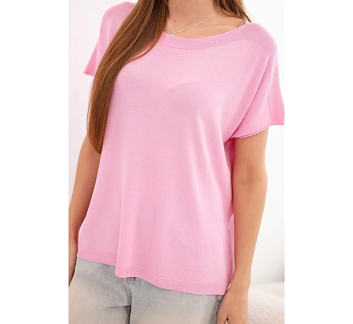 Dámská oversize halenka z viskózy s krátkým rukávem a kulatým výstřihem cukrově růžová