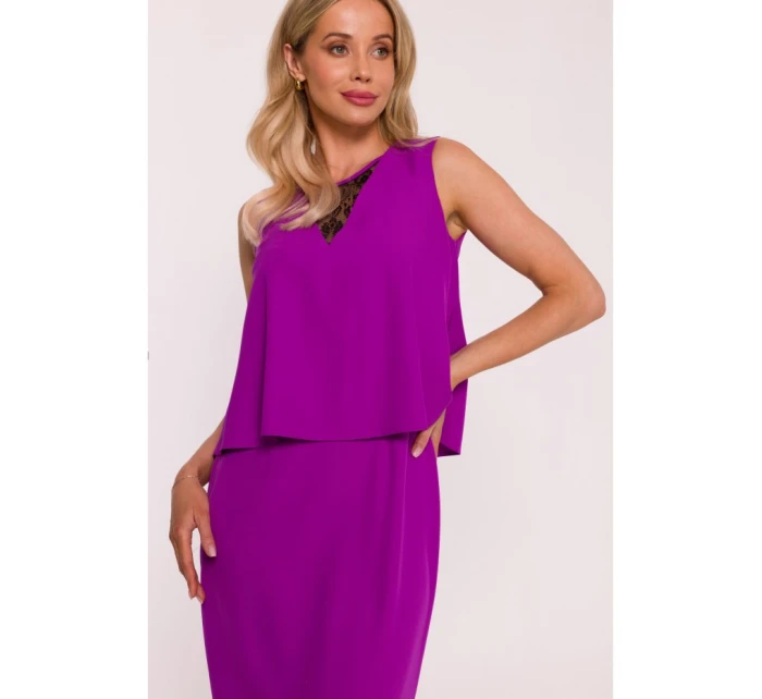 S422 Šaty s krajkovou vsadkou - levandulová