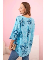 Dámská bavlněná blůza s ohrnovacími rukávy a paisley vzorem turkusová