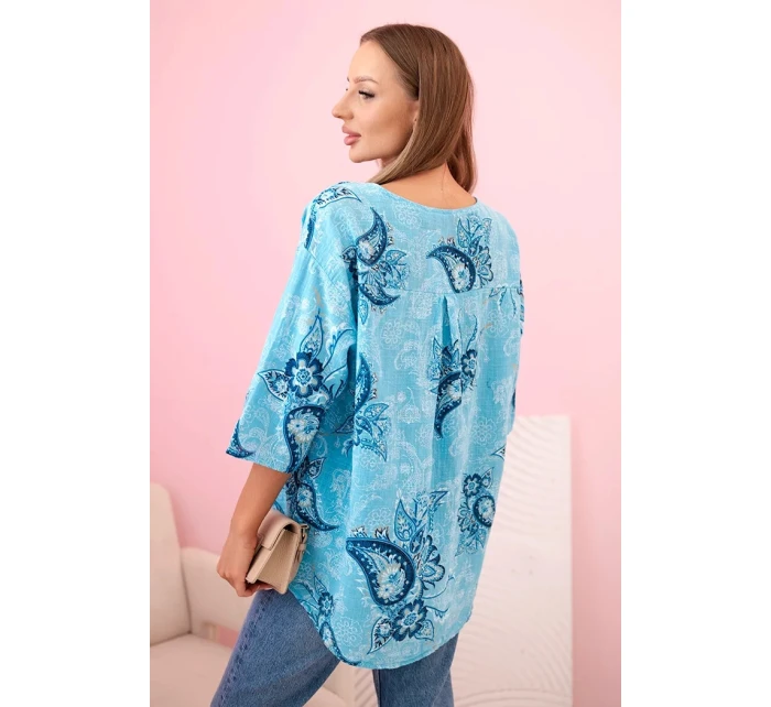 Dámská bavlněná blůza s ohrnovacími rukávy a paisley vzorem turkusová