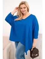 Dámská bavlněná blůza Plus Size s asymetrickým lemem a výstřihem do V chabrová