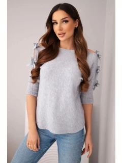 Dámský svetr s krátkým rukávem a ozdobnými mašličkami šedý