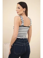 Dámská žebrovaná proužkovaná halenka na ramínka s volánkem černá