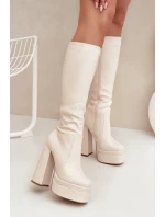 Zateplené dámské kozačky na podpatku a platformě světle béžové model 21704844 - Boto