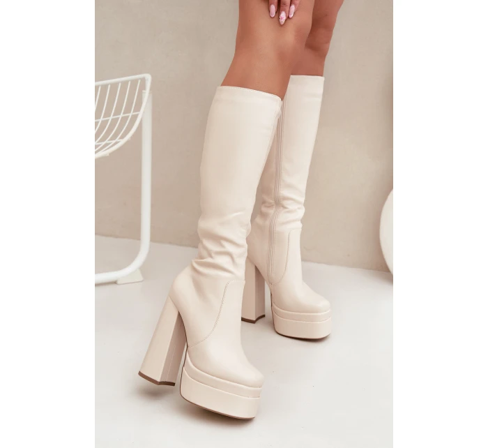 Zateplené dámské kozačky na podpatku a platformě světle béžové model 21704844 - Boto