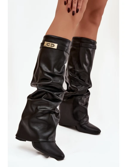 Dámské Kozačky Na Podpatku S  A Zlatým Detalem Černé model 21744555 - Boto