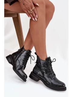 Lakované kožené dámské boty na podpatku D&A – tmavě modré