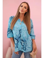 Dámská bavlněná blůza s ohrnovacími rukávy a paisley vzorem turkusová