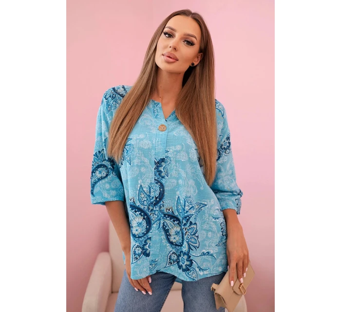 Dámská bavlněná blůza s ohrnovacími rukávy a paisley vzorem turkusová