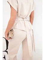 Dámský měkký komplet s halenkou s krátkým rukávem a kalhotami se širokou nohavicí béžový