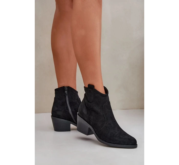 Dámské kotníkové botky kovbojky na zip z eko semiše s perforací – černé S.Barski
