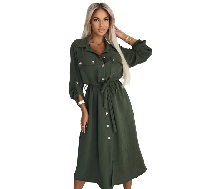 model 21146238 Midi košilka se zlatými knoflíky a vázáním KHAKI - numoco basic