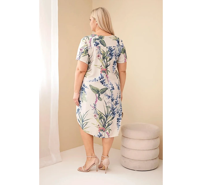 Dámské viskózové šaty Plus Size s krátkým rukávem a výstřihem na knoflíky béžová