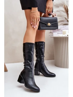 Zateplené kozačky na podpatku z eko kůže do poloviny lýtek černé Ellithira