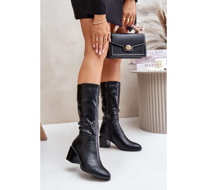 Zateplené kozačky na podpatku z eko kůže do poloviny lýtek černé Ellithira