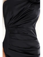 dlouhé saténové šaty na jedno rameno s růžemi černé model 21725733 - numoco basic