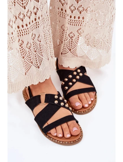 Dámské sandály na nízkém podpatku se zlatými cvoky – černé