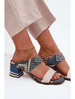 Kožené vzorované dámské sandály na podpatku Maciejka K7522-04 Béžovo-modré