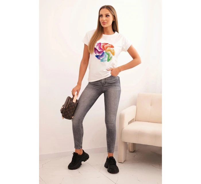 Dámská bavlněná blůza s krátkým rukávem a barevným potiskem ecru