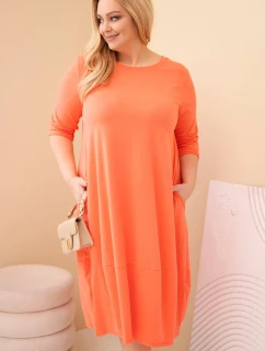 Dámská bavlněná šaty Plus Size s ohrnovacími rukávy a kapsami meruňková
