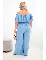 Dámský overal Plus Size s odhalenými model 22092406 s volánem a širokými nohavicemi modrý - K-Fashion