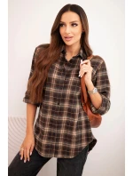 Dámská kostkovaná bavlněná košile s delším zadním dílem hnědá + camelový