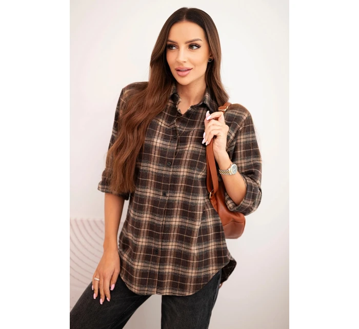 Dámská kostkovaná bavlněná košile s delším zadním dílem hnědá + camelový
