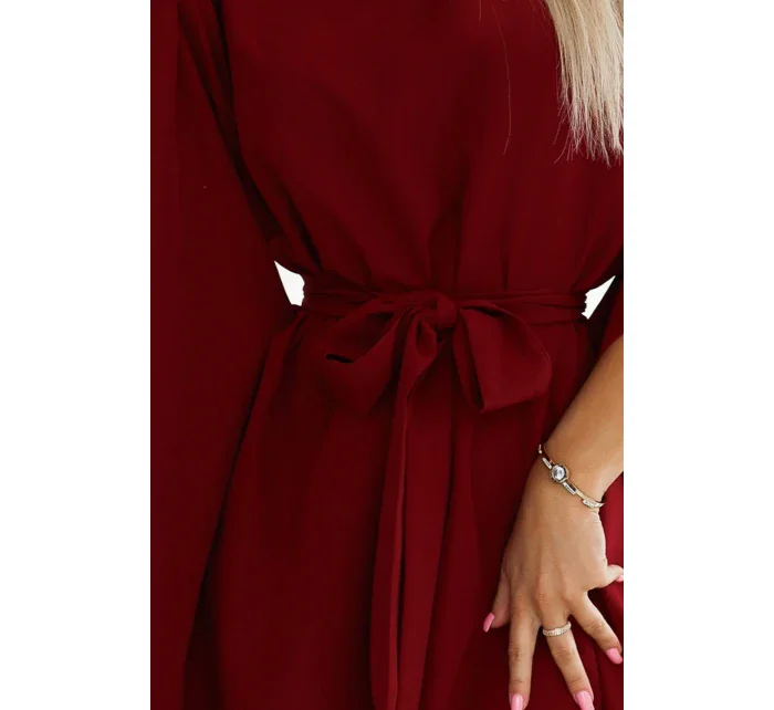 287-34 SOFIA Dámské motýlí šaty se zavazováním v pase - Bordeaux