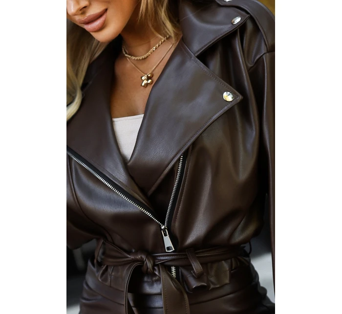 Bunda z měkké ekokůže s páskem a asymetrickým zipem hnědá model 21322454 - numoco basic